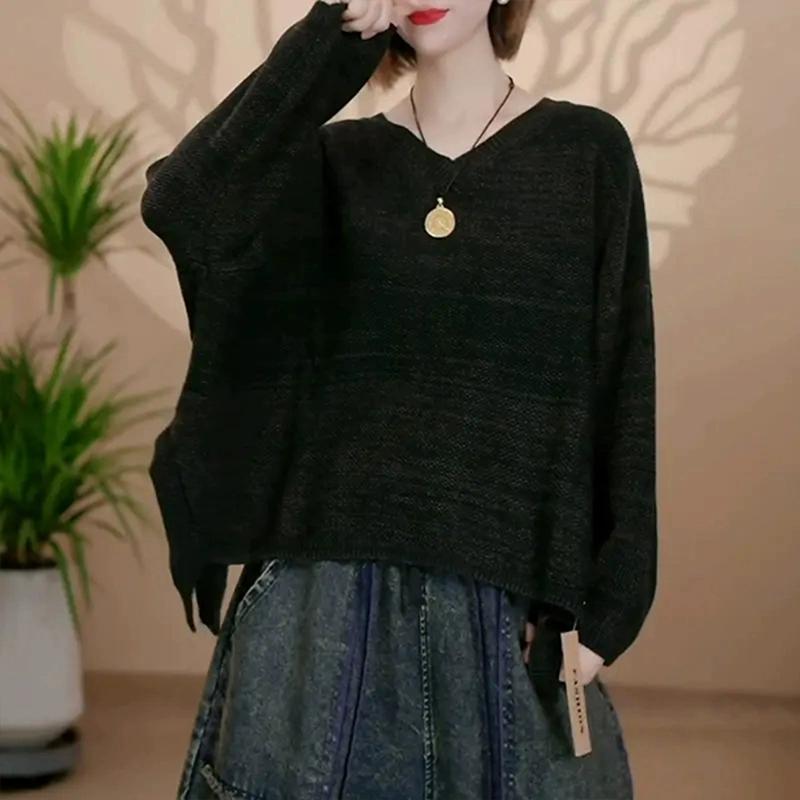 Dimanaf 2025 Sweater Autumn Bat Winter Women Solid V-Neck Sweaters Knitting Loose Red Sweater
