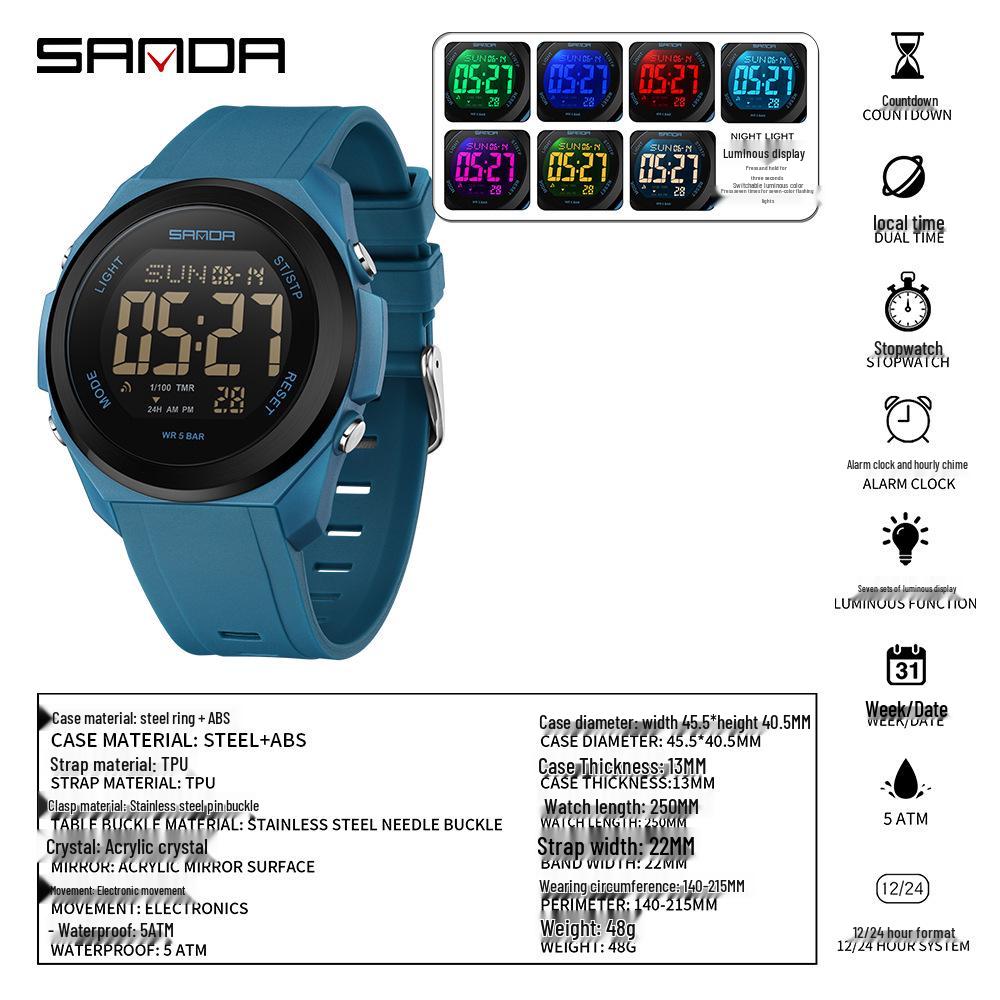Sanda Unisex Student Party Watch: Colorful Lights, Multi-functional, Waterproof Sports Electronic Watch