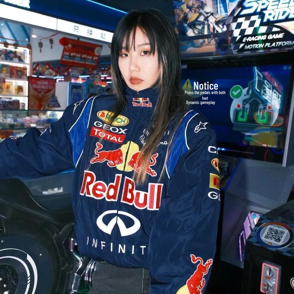 Red Bull Racing Embroidered Motorcycle Suit - Royal Blue, Long-Sleeved, Cotton