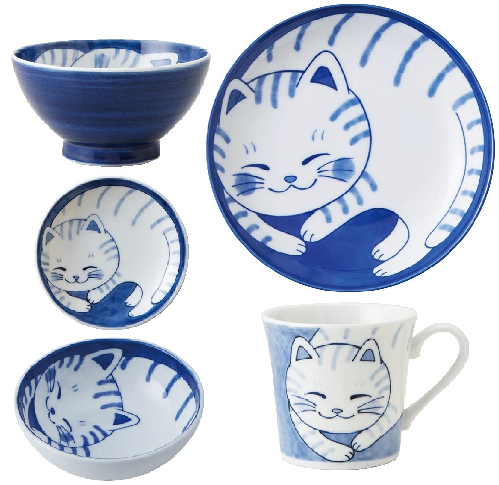Cat's pottery Nekochigura (Tiger) 5-piece tableware set, lightweight tableware (usukaru), made in Japan, Mino ware
