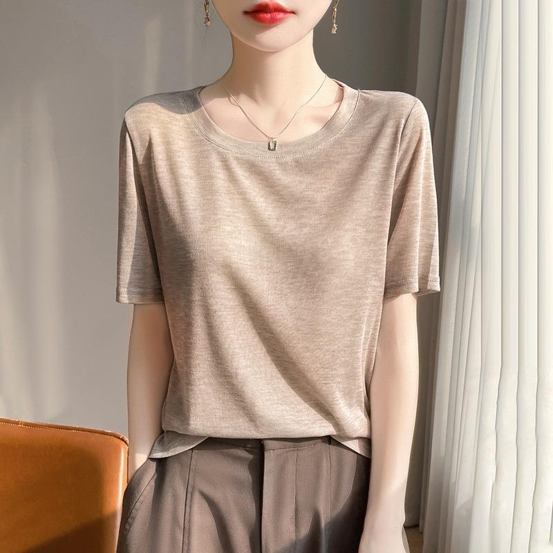 Damen Sommer Neu Lycra Stoff Rundhals Kurz Dünn Weich Hautfreundlich T-Shirt Kurzarm Vielseitige Oberteile