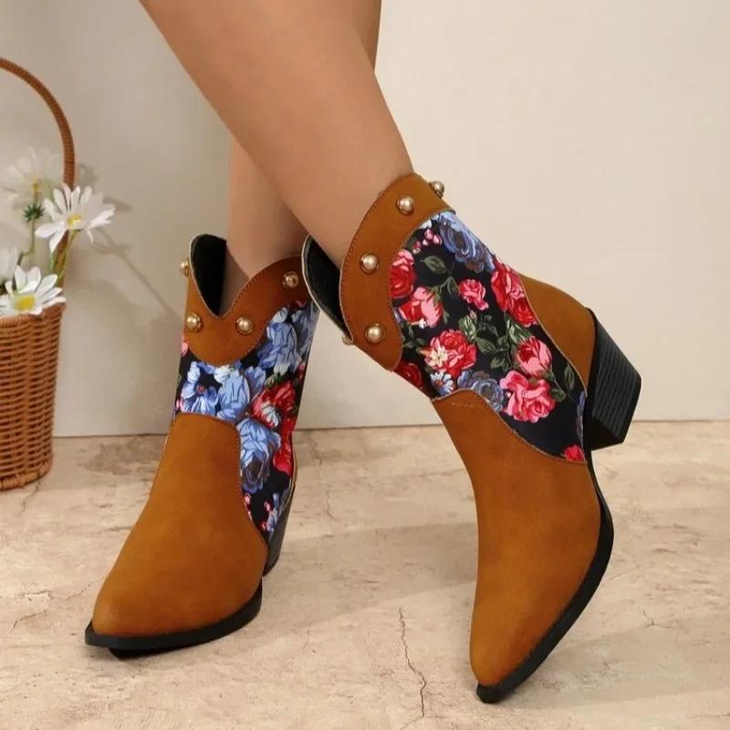 2024 Hot Sale Women's Shoes Slip-on Women's Boots Fashion Printing Modern Boots Women Sexy Pointed Toe Rivet Mid-Calf Boots