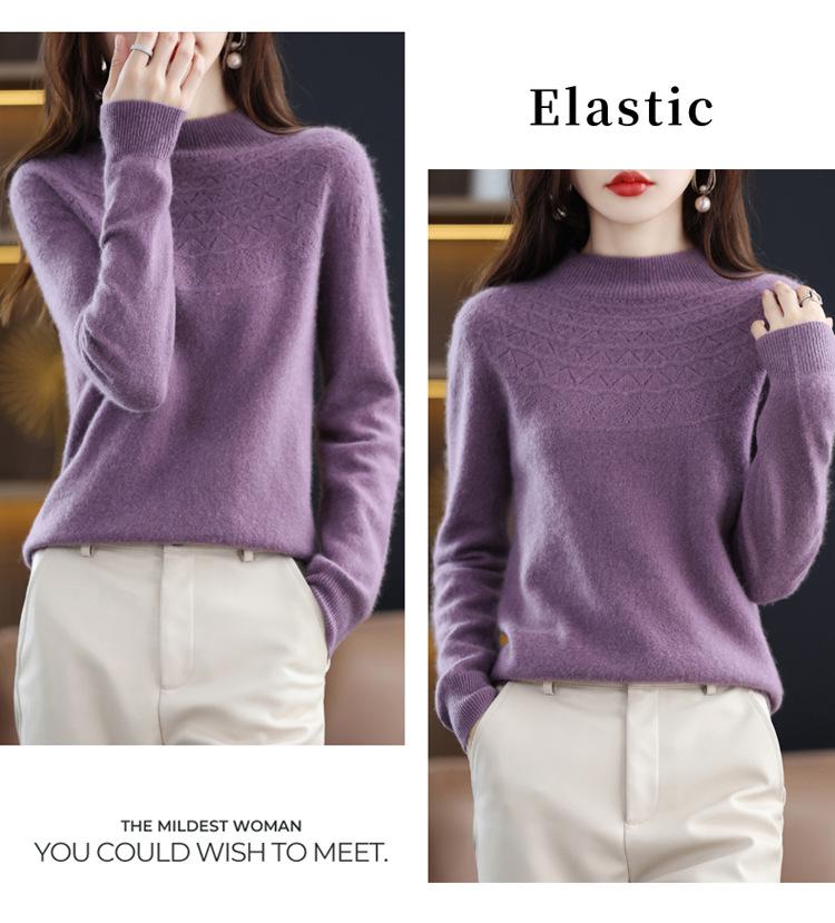 Women's Slimming 100% Wool Half-High Neck Sweater, Seamless Cashmere Knit Base Layer, Autumn Winter Loose Top with Hollow-Out Design