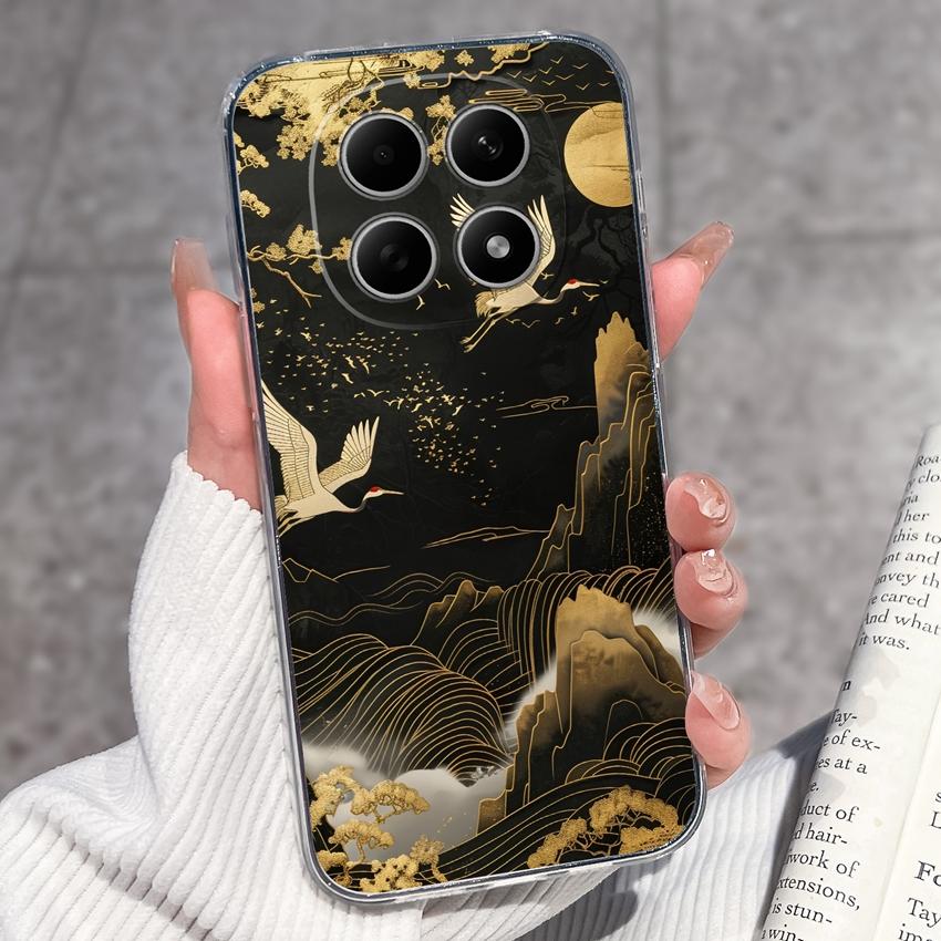For Redmi Note 15 14 13 Pro Plus 5 5A 4 4X Phone Case Chinese Style Red-Crowned Crane Patterns Transparent TPU Shockproof Casing For Redmi Soft Covers