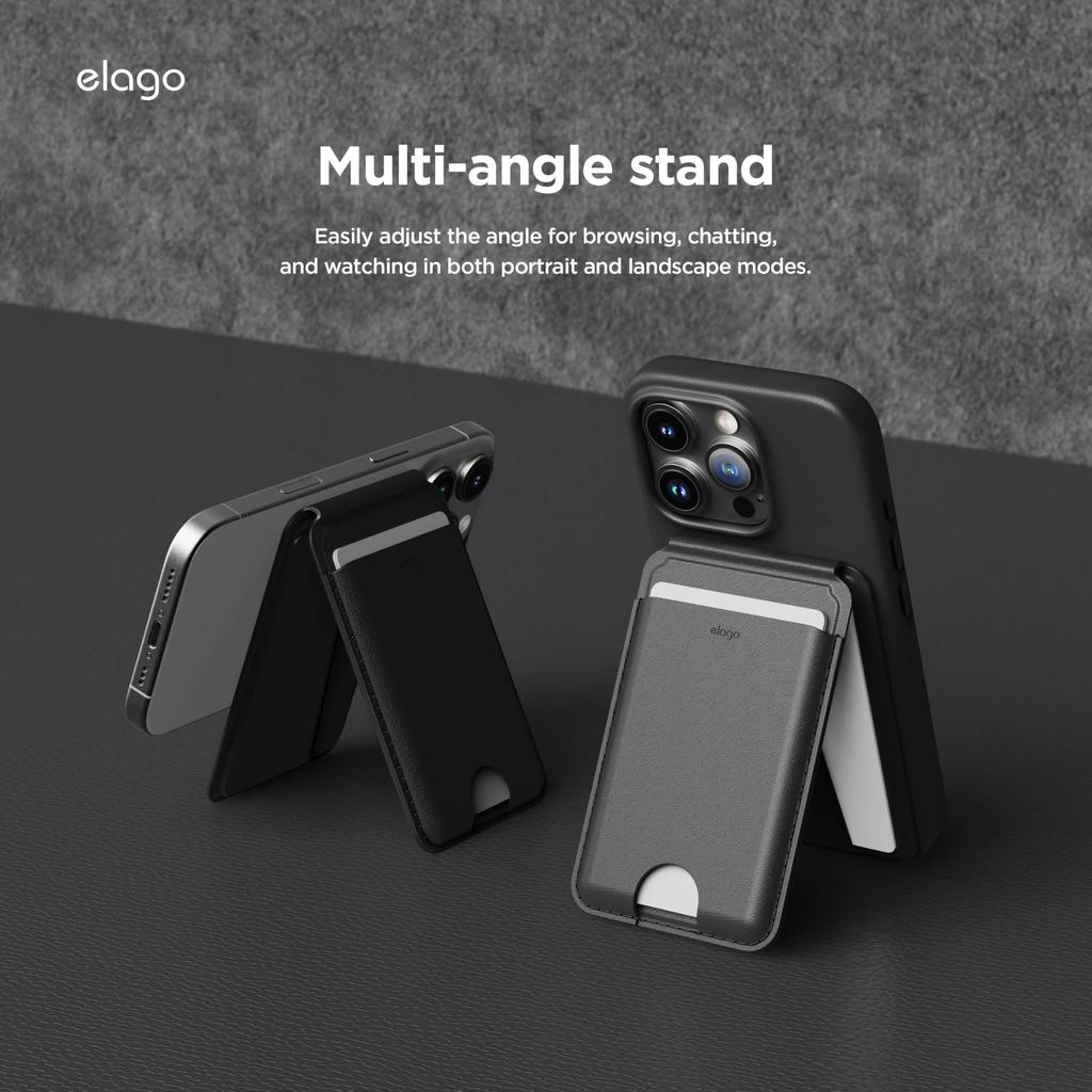 elago Magnetic Wallet Synthetic Leather Wallet with MagSafe Card Holder and Card Storage Pocket with iPhones and Stand, Black, Slim, Anti-Magnetic,