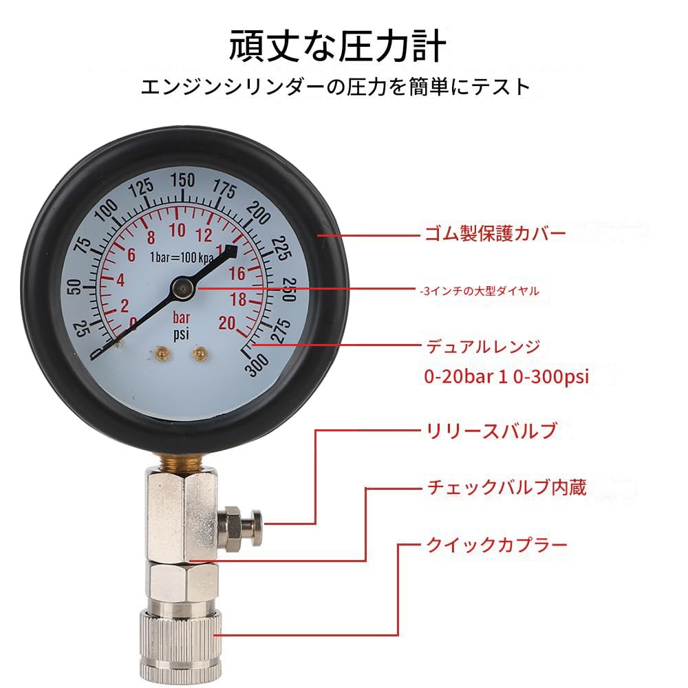 zmart Automotive Cylinder Tester Kit Pressure Gauge with M10, M12, M14, and M18 Adapters, 0-300 PSI Gasoline Engine Compression Meter