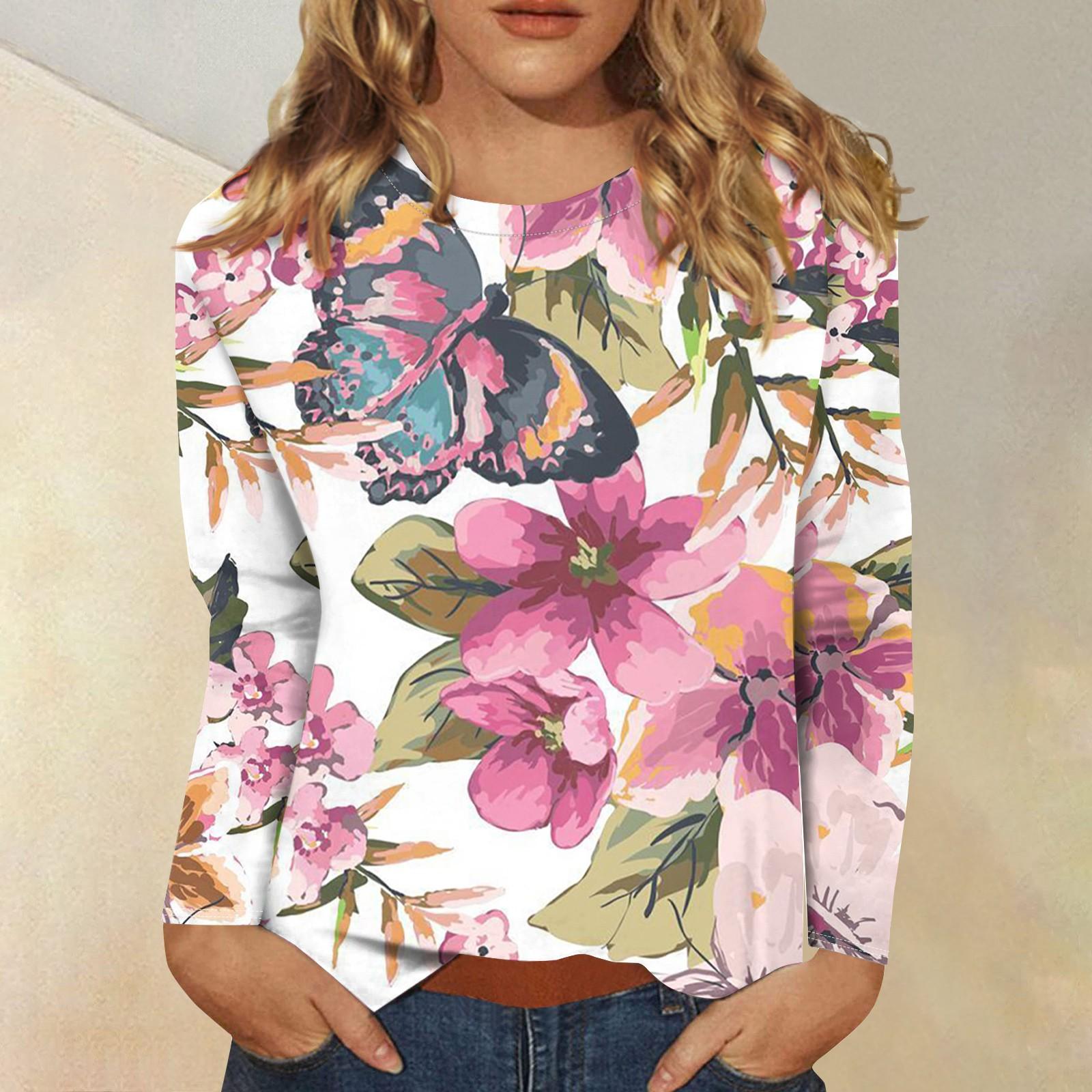 

Женская модная повседневная футболка с круглым вырезом и длинным рукавом с принтом, топ XXL розовый