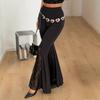 Women's High Waist Flare Pants Side Slit Lace Cutout Black Slim Fit Trousers