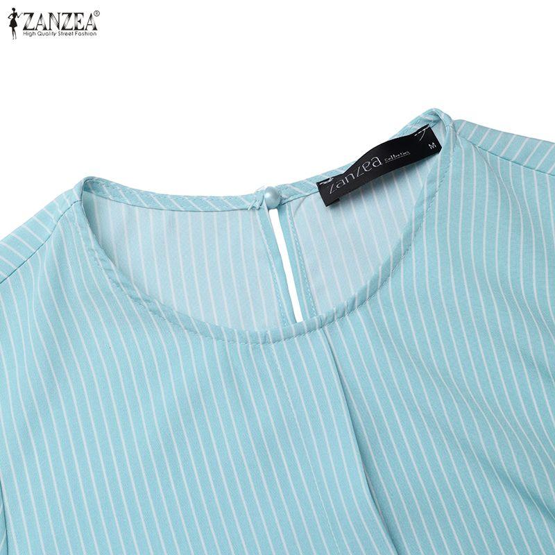ZANZEA Women Casual Round Neck Loose Long Sleeve Stripe Dress