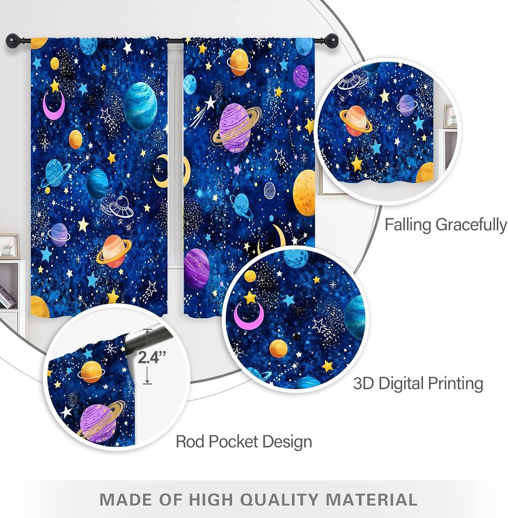 Galaxy Sky Star Curtains Blue Starry Shining Night Outer Space Cosmic Celestial Universe Planets Rod Pocket Boys Fantasy Bedroom