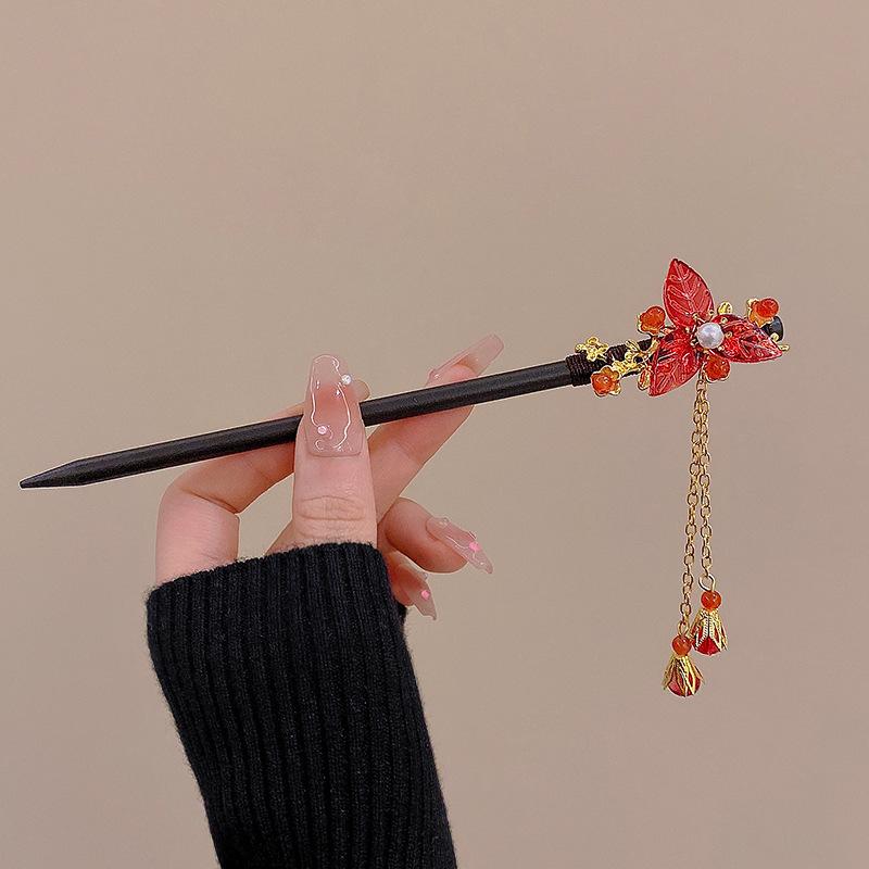 Vintage Wood Red Flower Tassel Hairpin for Women Girl Hair Stick Hair Clip Costume Chinese Style Hanfu Jewelry Hair Accessories
