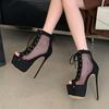 Spring Autumn Peep Toe Zip Mesh Ankle Boots Women Pumps Fashion Corss Lace Up Platform High Heels Stripper Pole Dance Shoe