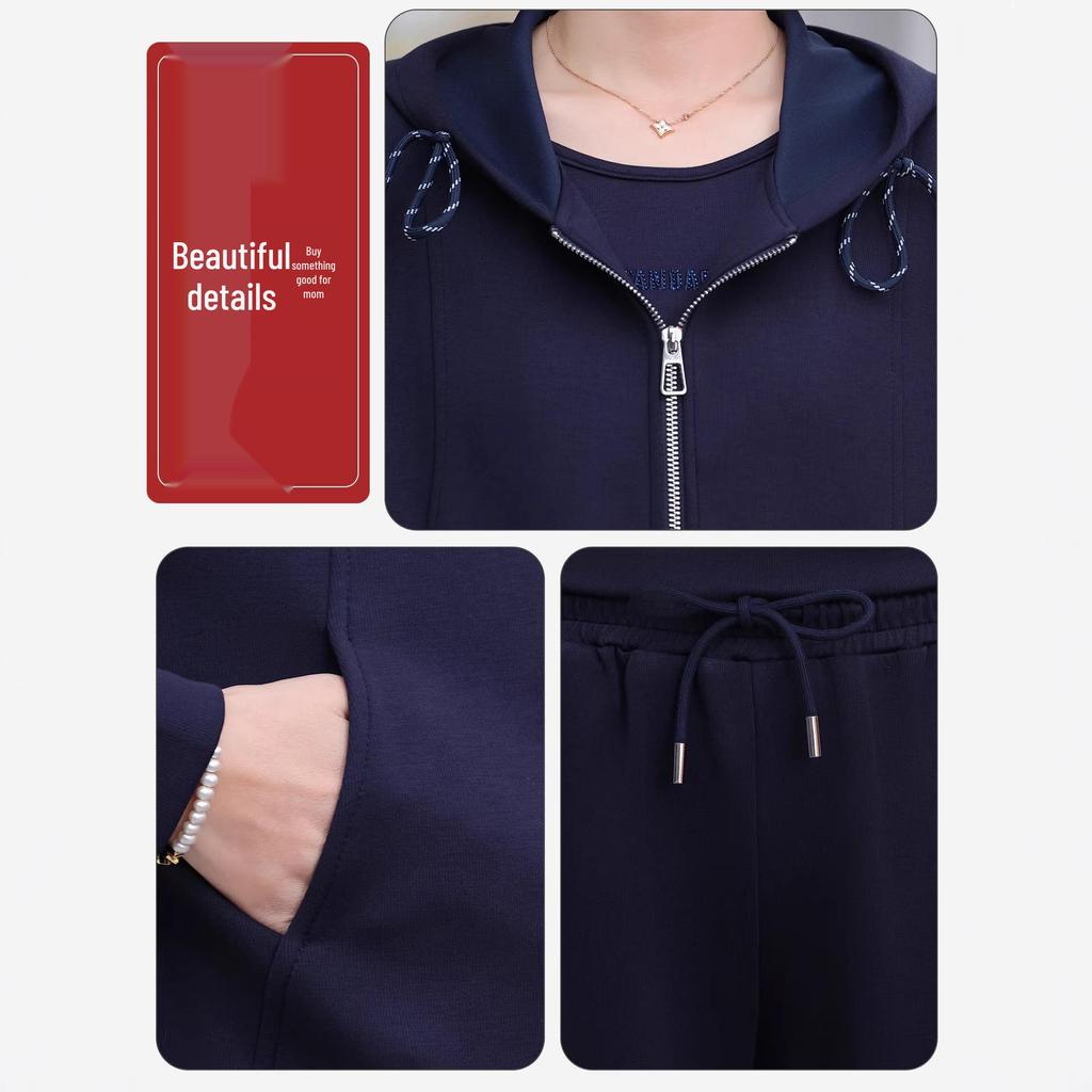 Mom's 2026 Spring Sportswear: Middle-aged & Elderly Women's Elegant Casual Three-Piece Jacket Set for Spring/Autumn.