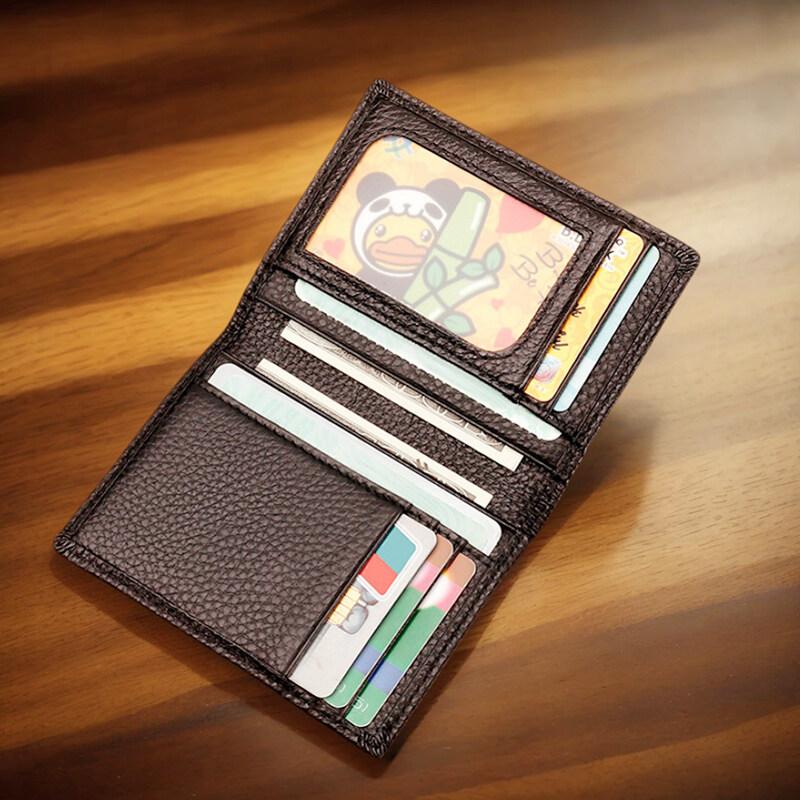 Transparent ID Window Credit Card Holder Durable Soft Multi Card Slots Top-grain Leather Bifold Thin Small Wallet Black Coffee