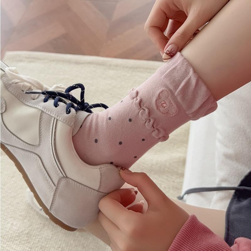 Embroidered Bear Socks, Girls' Autumn Cartoon Cute Mid-calf Socks, Bubble Mouth Polka Dot Socks, Boneless Pile Socks