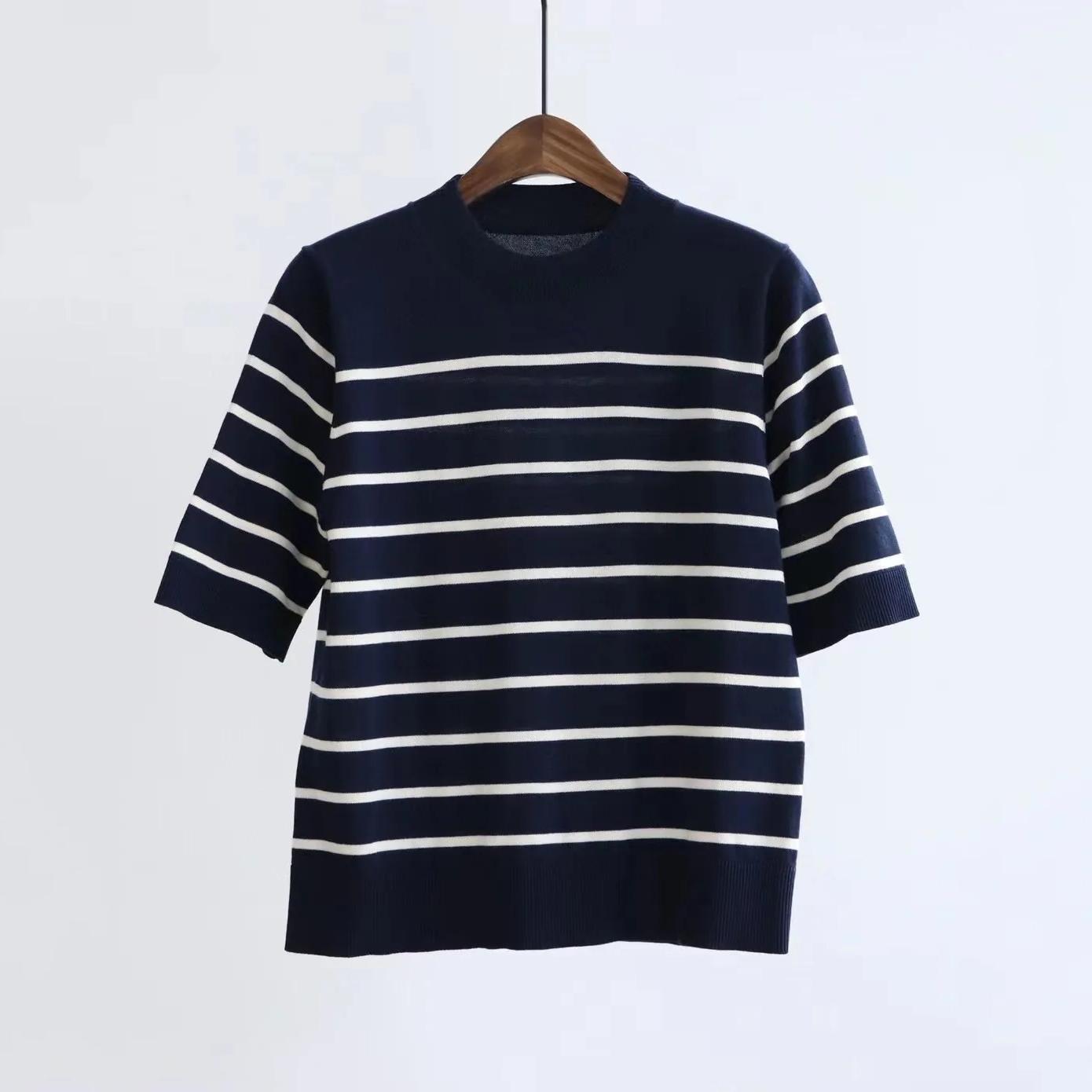 

Женская трикотажная футболка в полоску из 100% хлопка, брендовая дизайнерская футболка в стиле ретро с коротким рукавом, шикарная универсальная свободная футболка с круглым вырезом C-087 L темно-синий