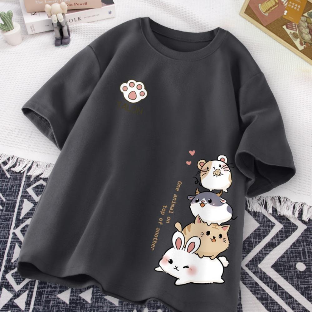 Summer Trendy Simple Cat Printed Short-sleeved T-shirt for Ladies and Boys Same Loose Casual Large-size Top
