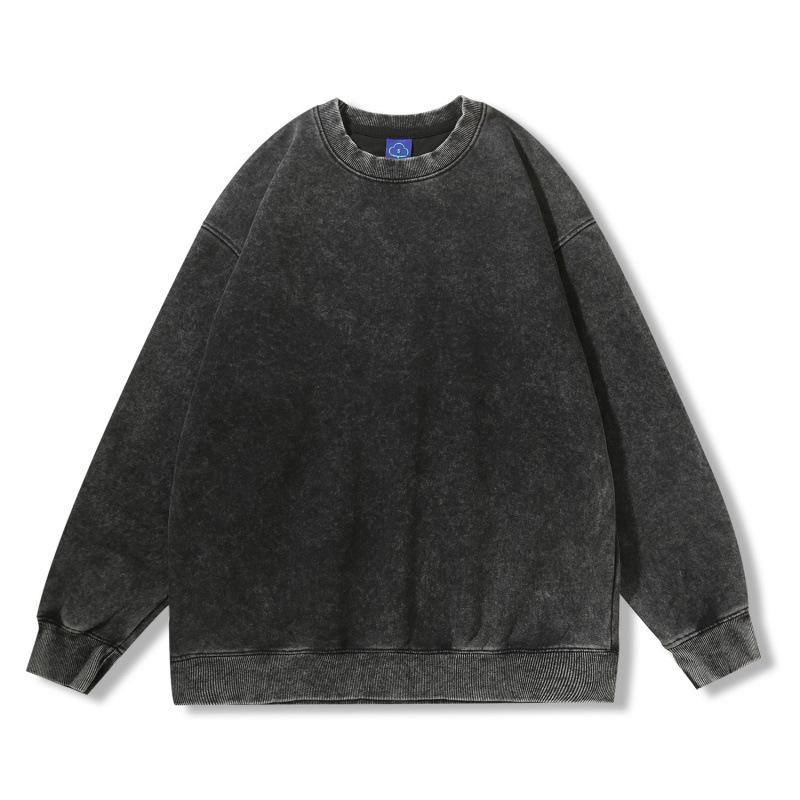 New 350g heavy-weight distressed round neck sweatshirt with snowflake print, European and American loose fit, long-sleeved