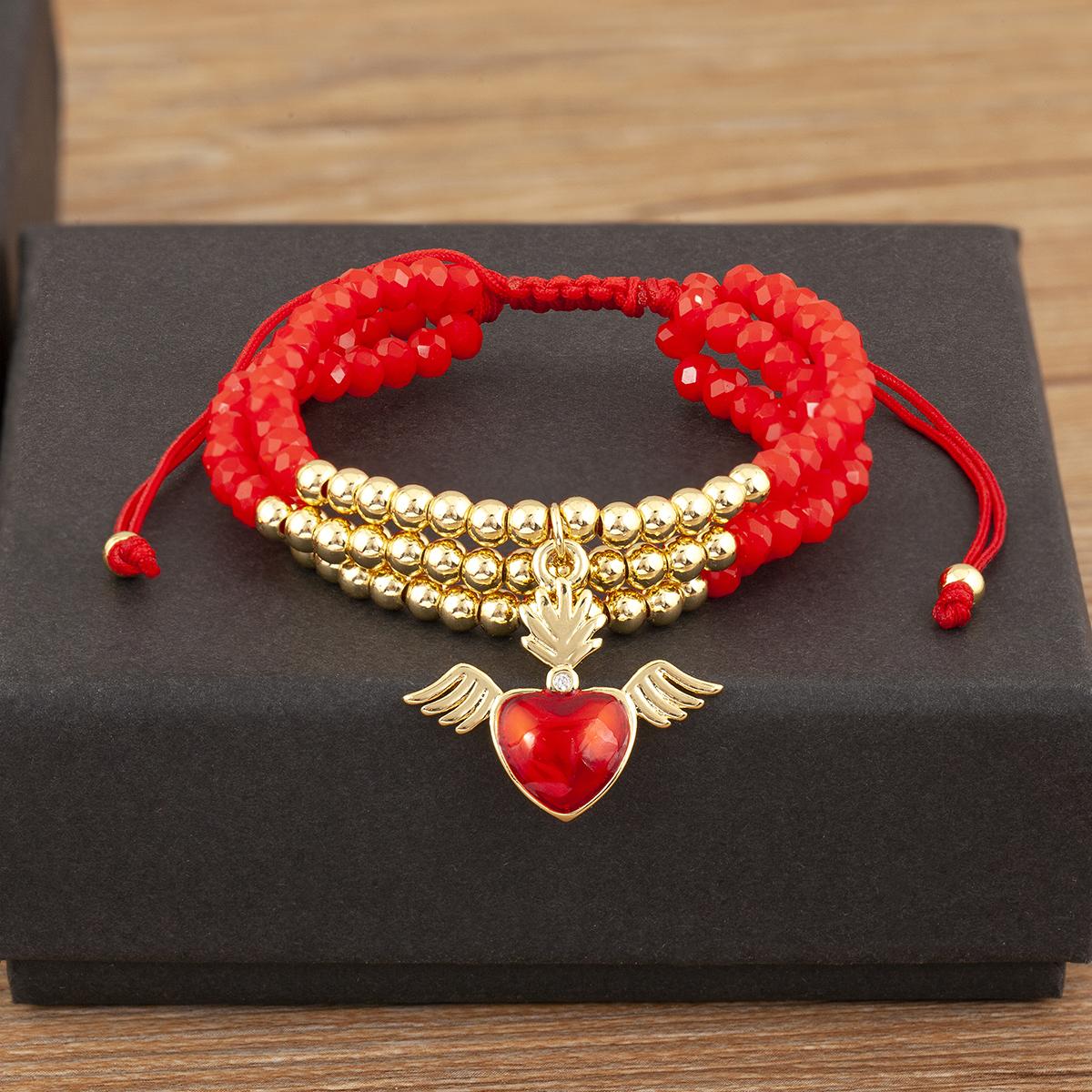 

Nidin Elegant Sacred Heart Bracelet For Women Multilayer Red Golden Beads Religious Style Adjustable Lucky Jewelry Accessories