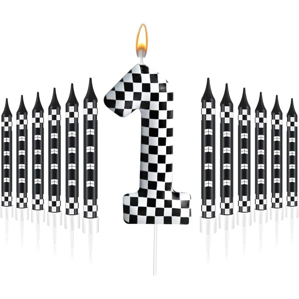 1/6/12/13 Pcs Racing Cars Themed Birthday Candles Black and White Race Number Checkered Candle Cake Topper for Racing Car Party