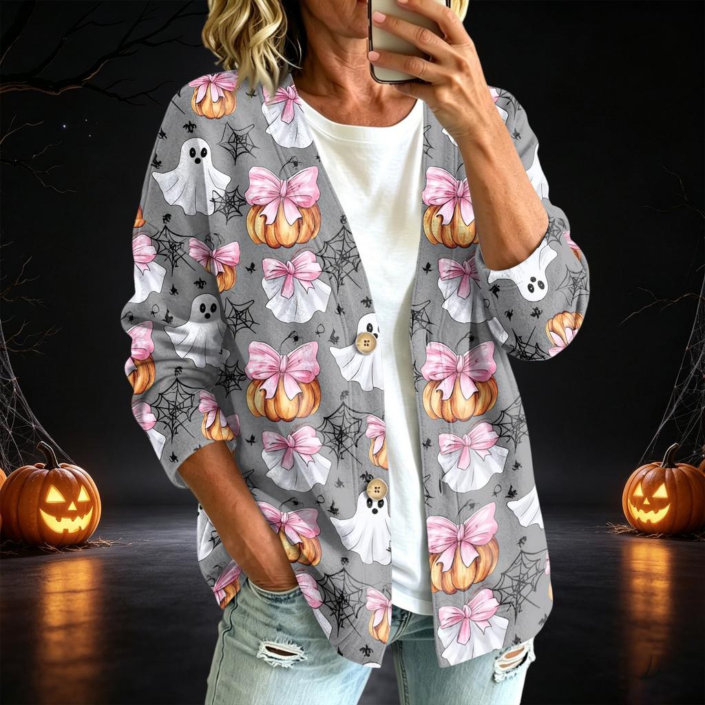 Women's Casual Button Down Halloween Print Jacket for Fall Seasonal Wear