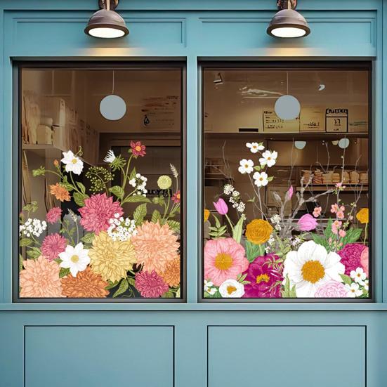 Spring Flowers Window Clings Double-sided Watercolor Flowers Glass Decals Reusable Static PVC Sticker for Home Glass Door Window