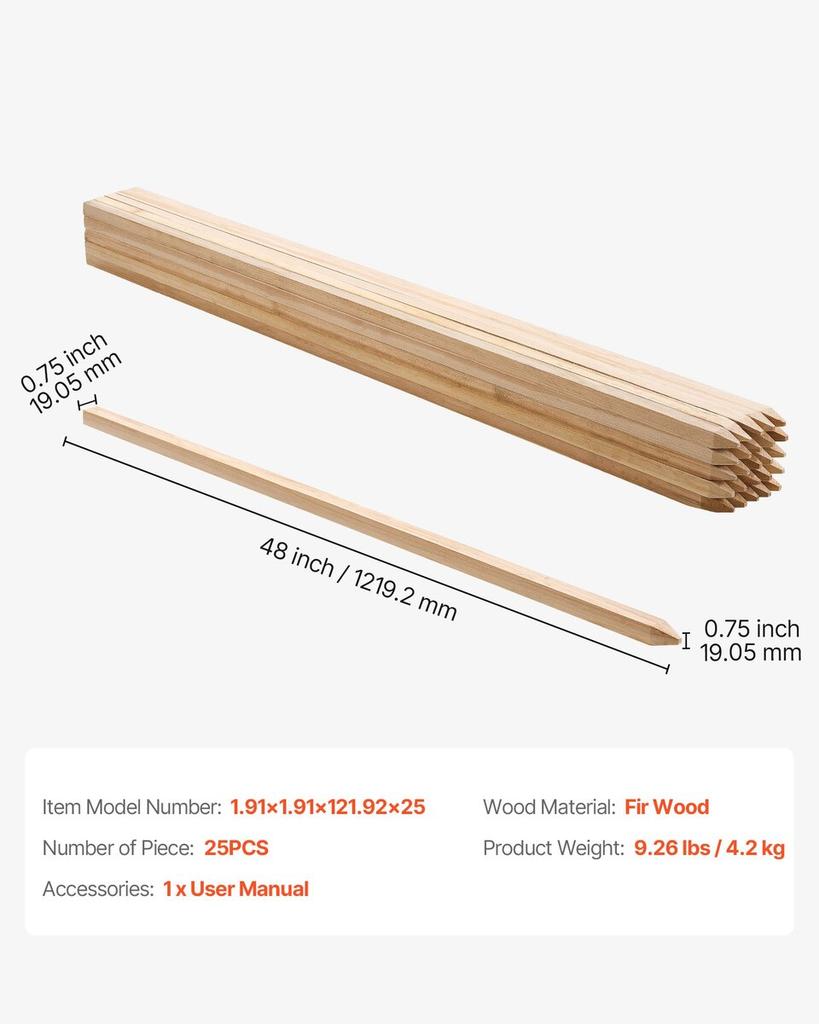 Wooden Garden Stakes, 25 Pcs 19.05×19.05×1219.2 Mm Survey Grading Stakes, Garden Ground Stake with Sharp Point, Fir Wood Plant Support Stake, Sign