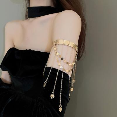 Boho Creative Punk Open Cuff Upper Arm Bangles for Women Sequin Star Love Heart Tassel Long Chain Pendant Bracelets Zircon Gift