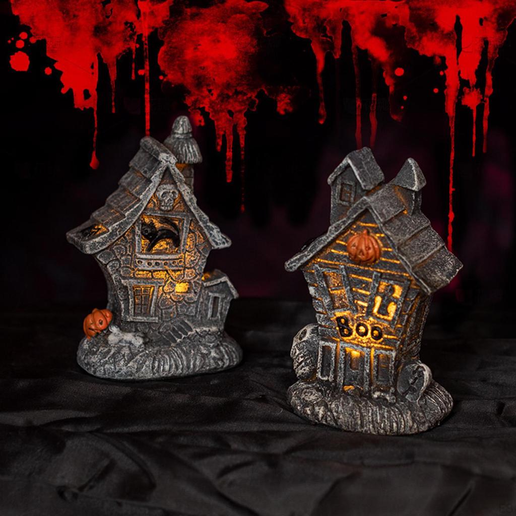 Mini Haunted House with Light Halloween Table Decoration Miniature Sculpture Ornament Lighted