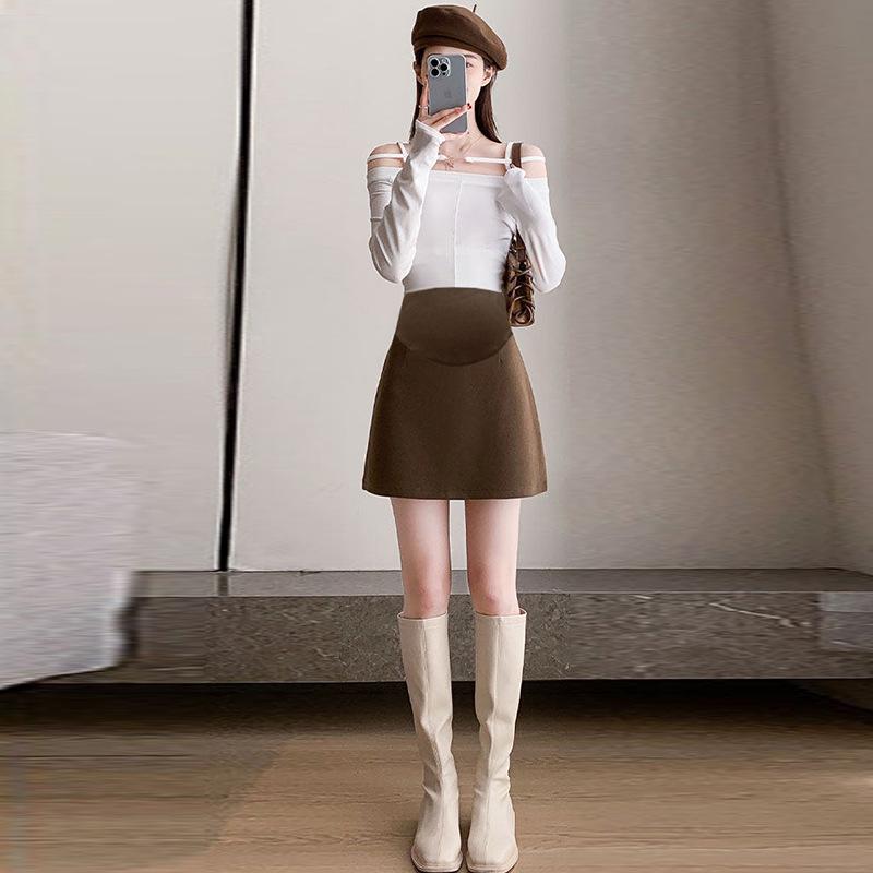 2025 New Style Woolen A-Line Maternity Skirt: Petite, Velvet-Lined, Hip-Hugging, and Slimming for Autumn/Winter L