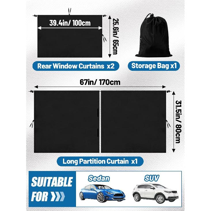 Set Of 3 Car Privacy Curta - 95% Light Blocking Fabric Rear Seat & Side Windows Divider Curtain Baby Shades, Wide Sedan SUV Sunshade Screen Covers