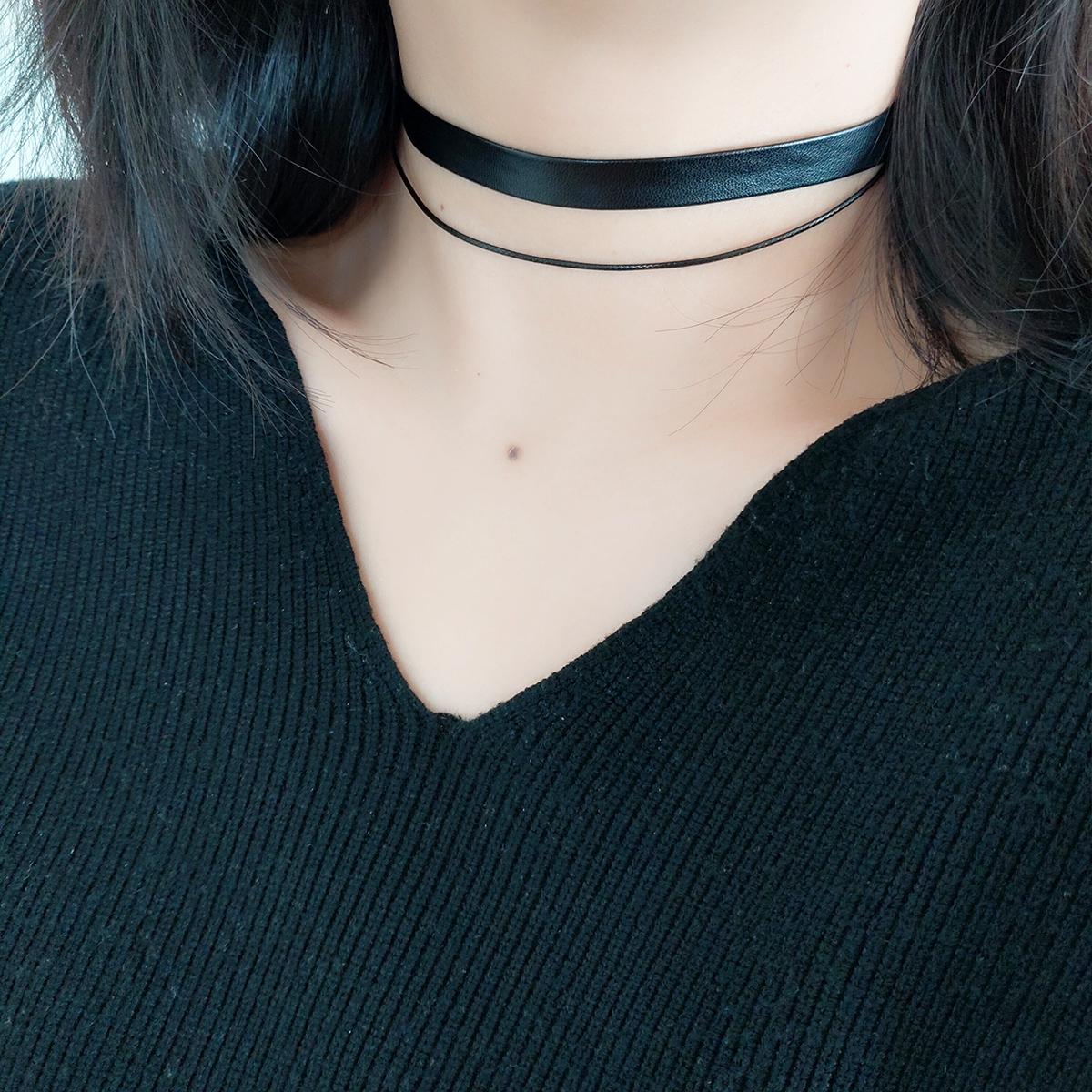 

Fashion simple temperament black PU leather wax rope double layer wear choker collar neck strap neck jewelry necklace women 40cm
