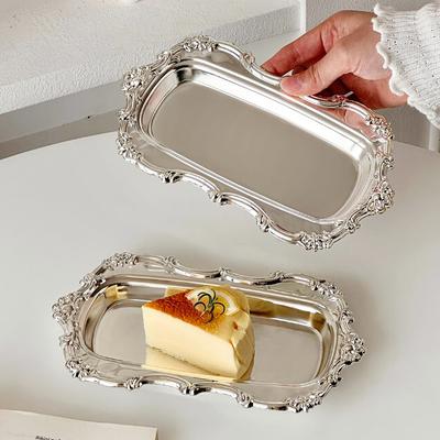 Exquisite Relief Stainless Steel Plate 8 Inch Nordic Style Rectangle Cake Dessert Tableware Jewelry Aromatherapy Storage Tray