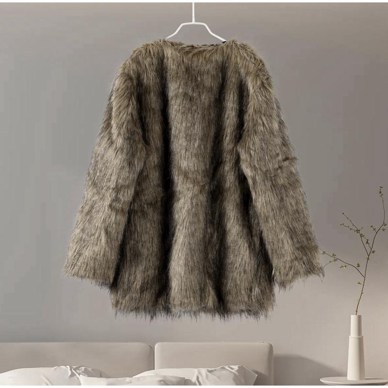 Autumn Winter V-neck Women's Faux Fur Jacket Warm Fashion Casual Short Top Oversize Coat Artificial Fur