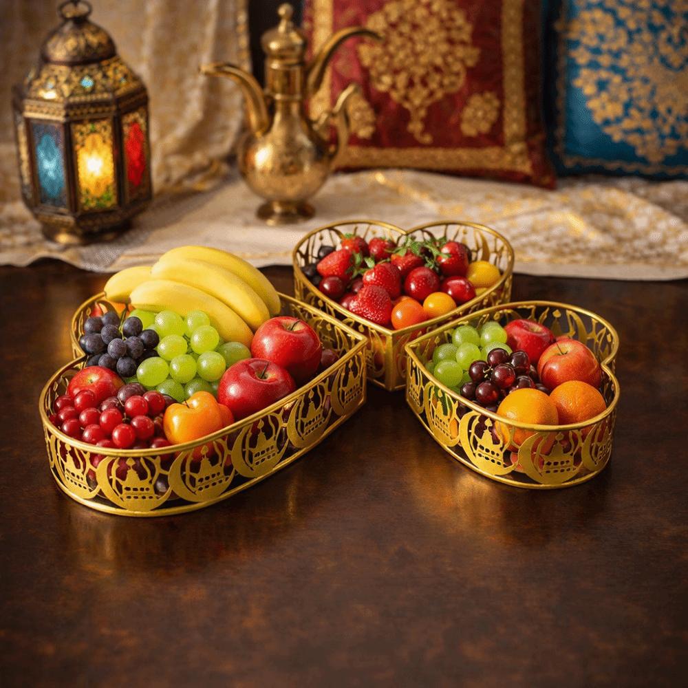 3Pcs Gold Color Ramadan Festival Art Tray Elegant Eid Candy Dish Islamic Holidays
