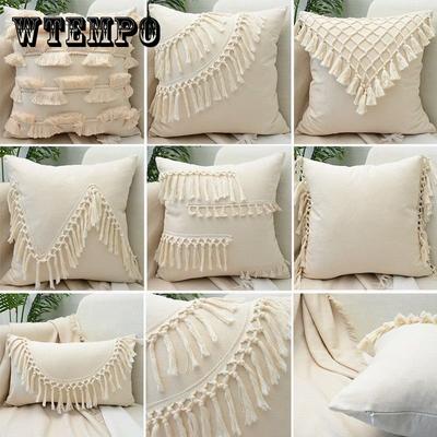 Kissenbezug, Bohemian-Stil, ethnischer Baumwoll-Leinen-Quasten-Kissenbezug, getuftet, beige, dekoratives Dekokissen für Schlafsofa, Zuhause