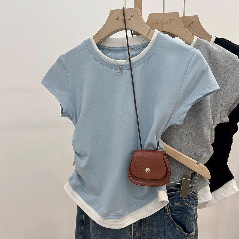 Gray Faux Two-Piece Spicy Girl Shoulder-Baring Ruched Tee - Women's Slim Fit Summer Chic Short Top