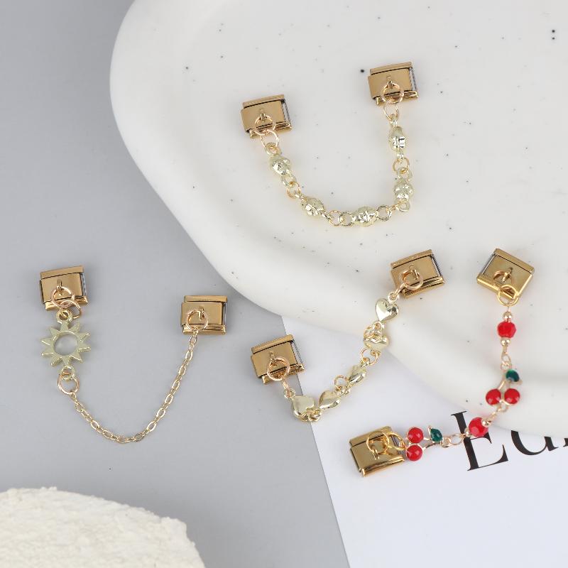 Stainless Steel Cherry Heart Star Gold Color Tassel Chain Italian Charm Links Fit 9Mm Bracelet Diy Making Jewelry Accessories