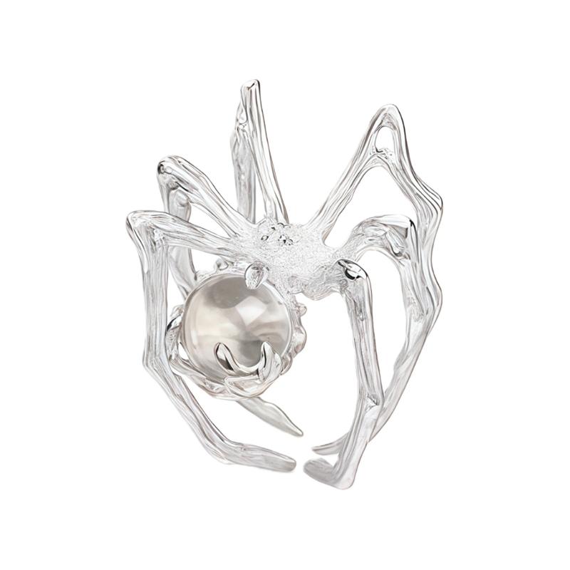 Gothic Punk Spiders Ring With Mysterious Moonstone Adjustable Size For Women Unique Dark Art Jewelry