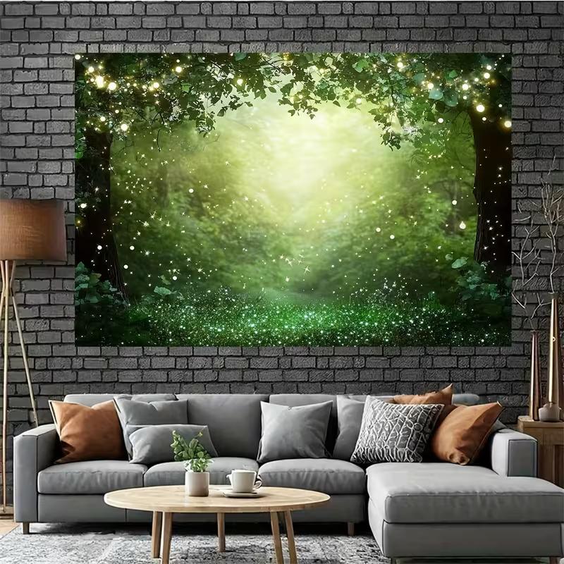 2D Magical Firefly Forest Backdrop Green Glowing Wood Photo Banner 47.2x31.5inch/120*80cm