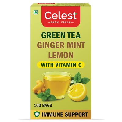 Thé Vert Menthe Citron Gingembre Celest avec Vitamine C 100 Sachets de Thé Boisson Rafraîchissante et Saine Lot de 1
