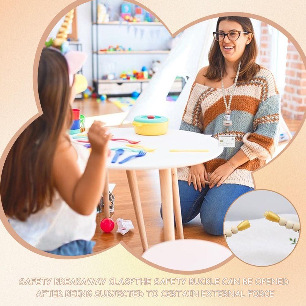 Wood Teacher Lanyard Pink Daisy Beads ID Holder Strap Fashion String for ID Badges  Keys