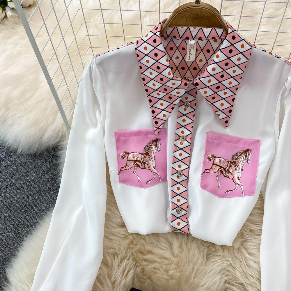 Fashion Suit Ladies Temperament Positioning Printing Loose Long Sleeved Shirt Two-Piece Set High Waist Skirt Short Skirt Spring