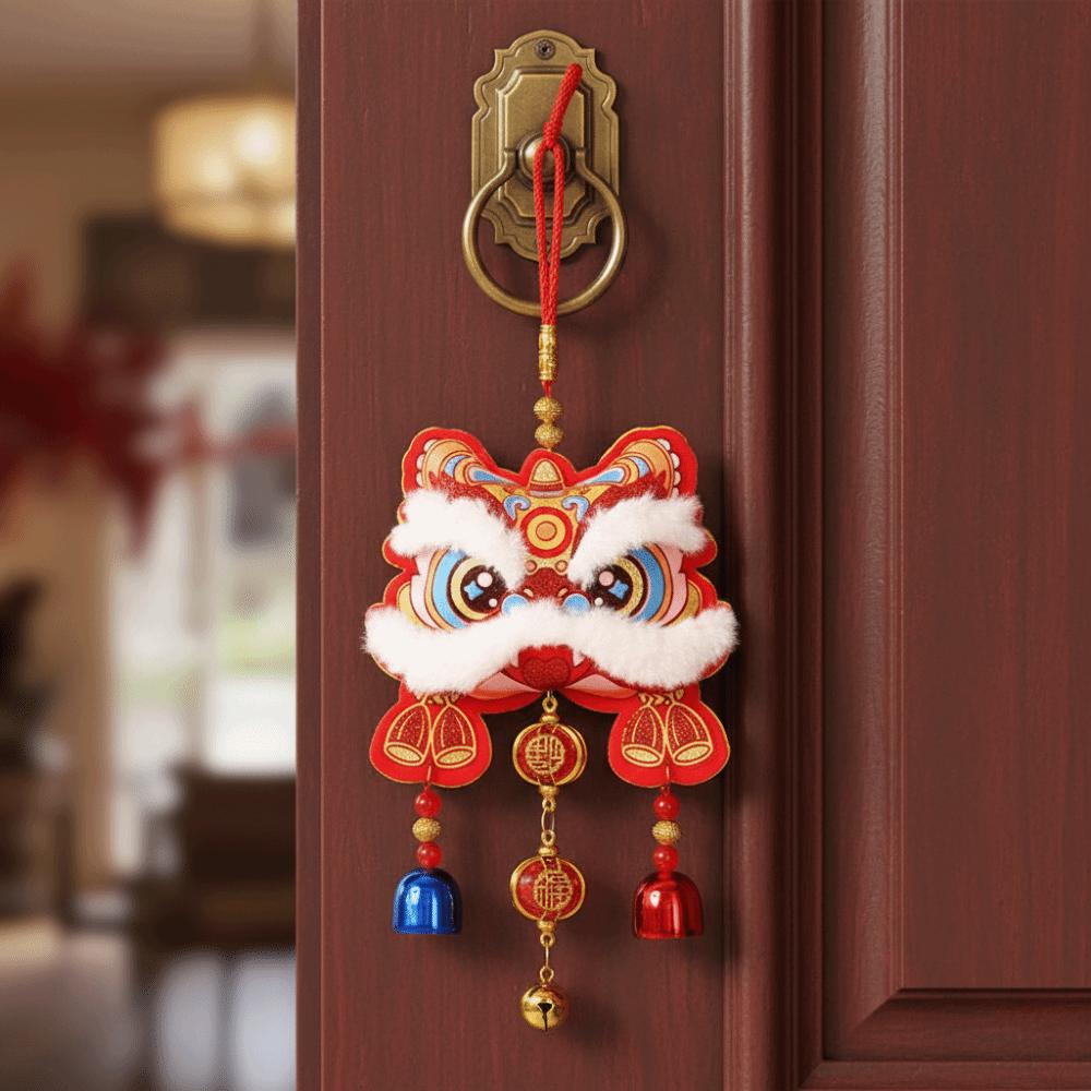 Traditional Chinese New Year Decoration Cartoon Waking Lion Lunar New Year Ornament with Bells Wall Hanging Souvenir Gift