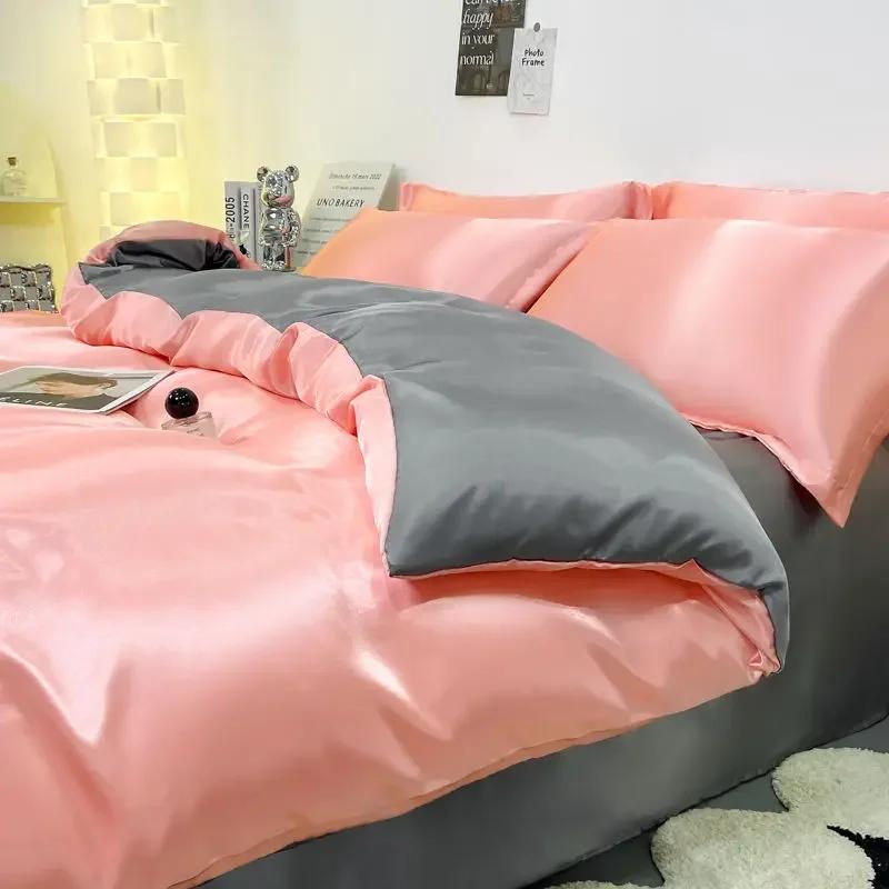 

Pure Satin Silky Bedding Set Luxury Queen King Size Bed Set Quilt Duvet Cover Linens And Pillowcase For Single Double Bedclothes 1.2mBed 4Pcs Set