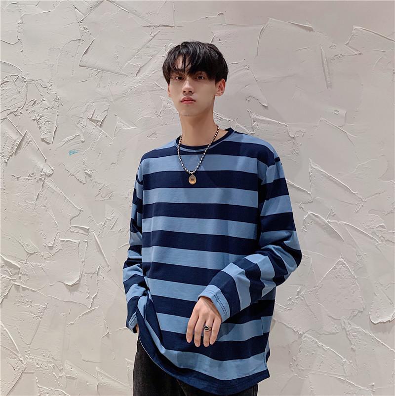 "Unisex Trendy Black & White Striped Long-Sleeve Crew Neck T-Shirt"