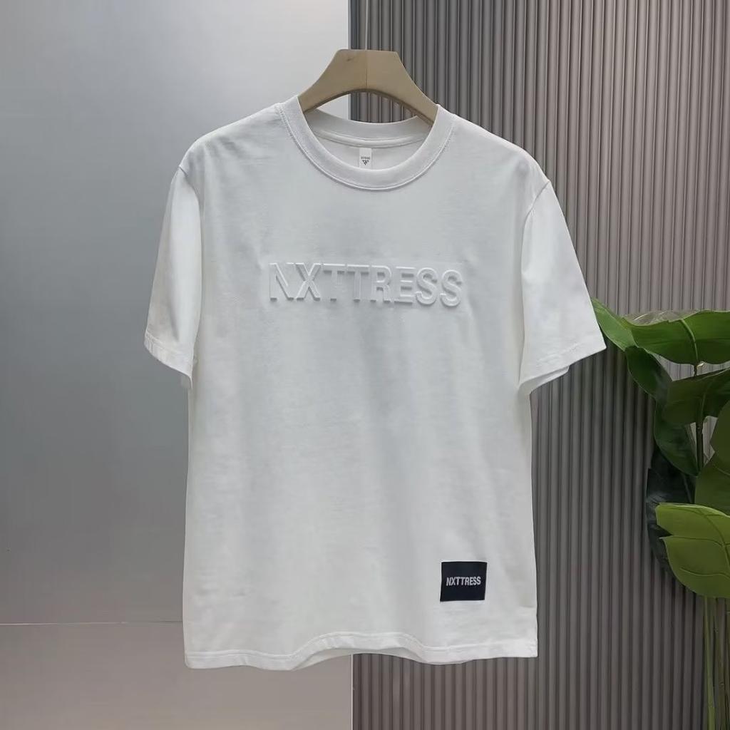 European 3D Pure Cotton Three-Dimensional Letter Short-Sleeved Textured T-Shirt Men'S Top Handsome Loose Bottoming Shirt Steel Stamp Trend Half