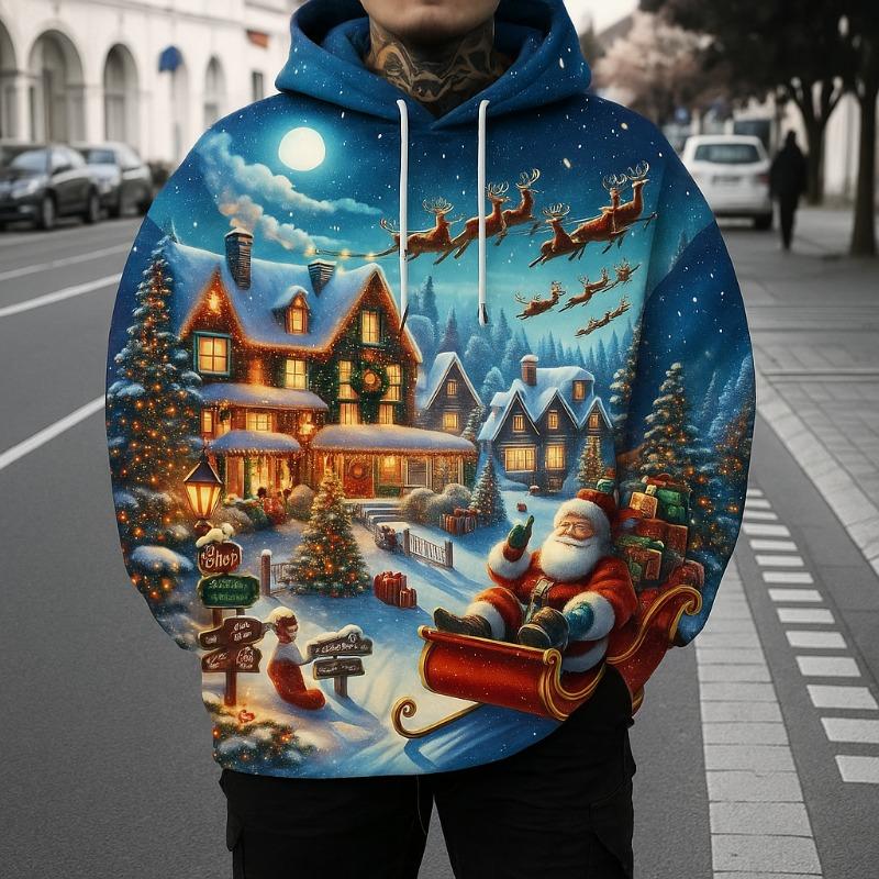 Men's Christmas Santa Claus 3D Print Hoodie, Festive Winter Design Hooded, Long Sleeve Hooded Style,Seasonal Holiday Casual Wear