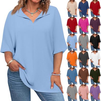 Women's Fashion Casual Solid Colour V-Neck 1/2 Sleeve Large Size T-Shirt Top