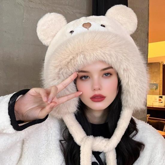 Women Hat Solid Color Thickened Plush Bear Warm Hat with Ear Protection Function Winter Outdoor Daily Cycling Lei Feng Hat